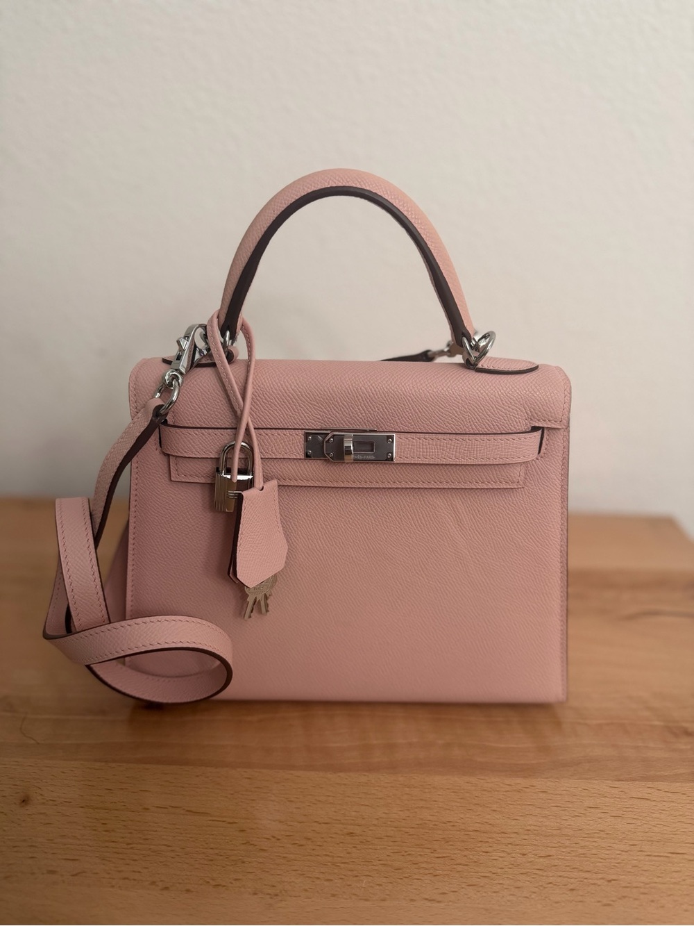 IMPORTED KELLY EPSOM PINK ROSE SAKURA 25 CM PHW SELLIER